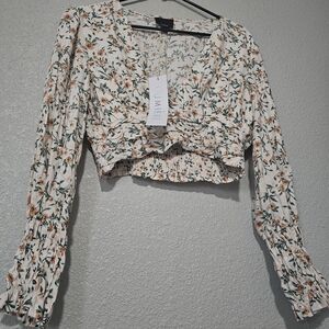 Lumiere Cream Floral Smocked Long-Sleeve Crop Top